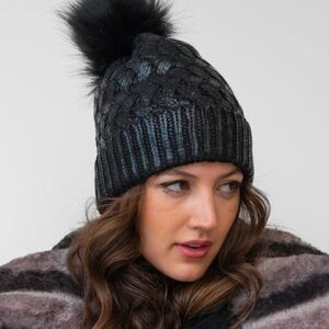 NWT New Adrienne Landau Metallic Cable Stitch Faux Fur Pom-Pom Hat Beanie Black